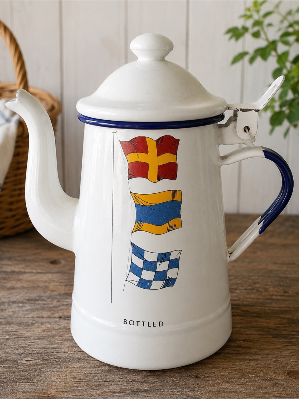 Vintage Massilly French Enamel Coffee Pot / Teapot – Nautical Signal Flags –